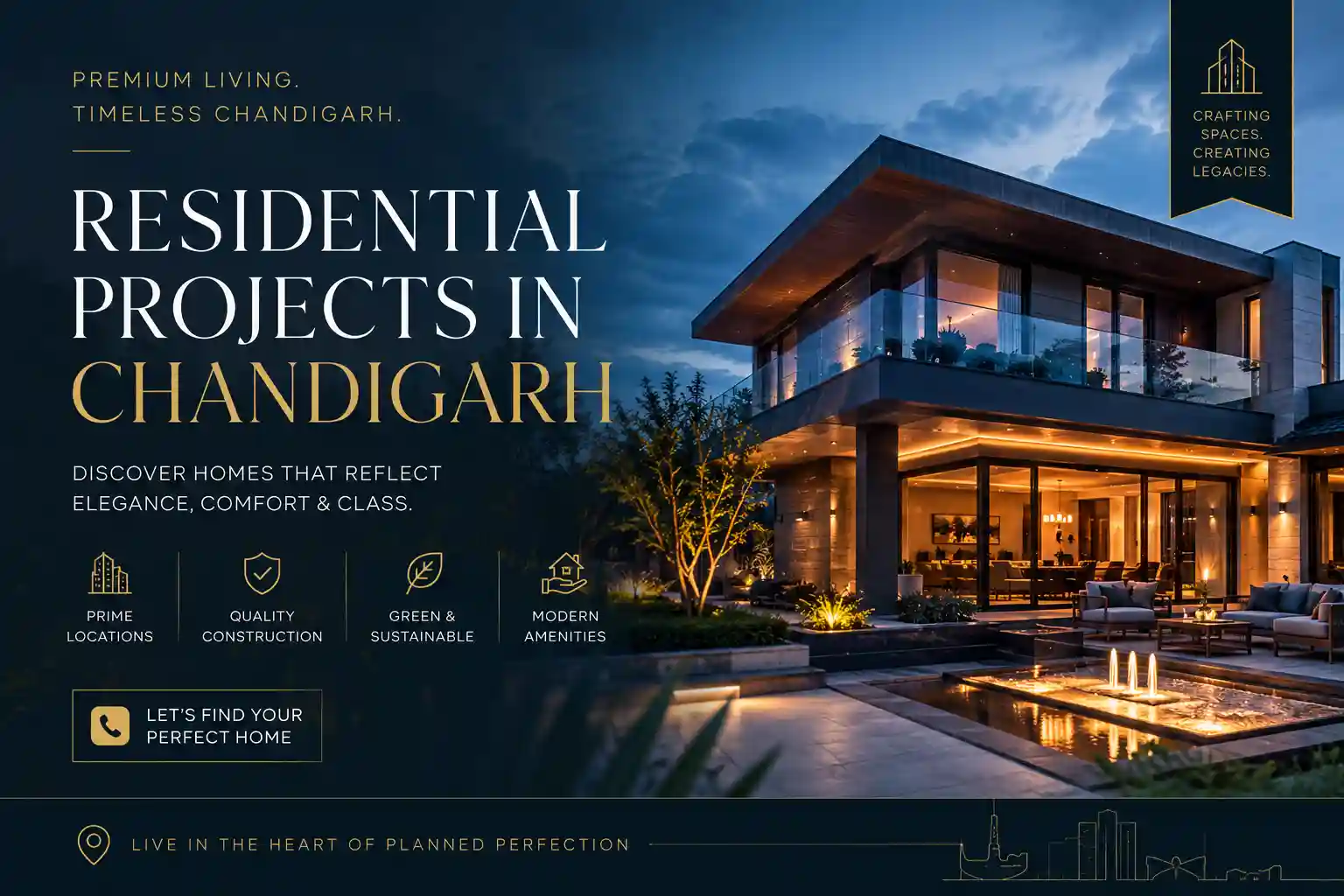 Modern residential skyline of Chandigarh city with high-rise apartments, luxury villas, and green surroundings near Chandigarh International Airport and key IT hubs in Mohali and Panchkula